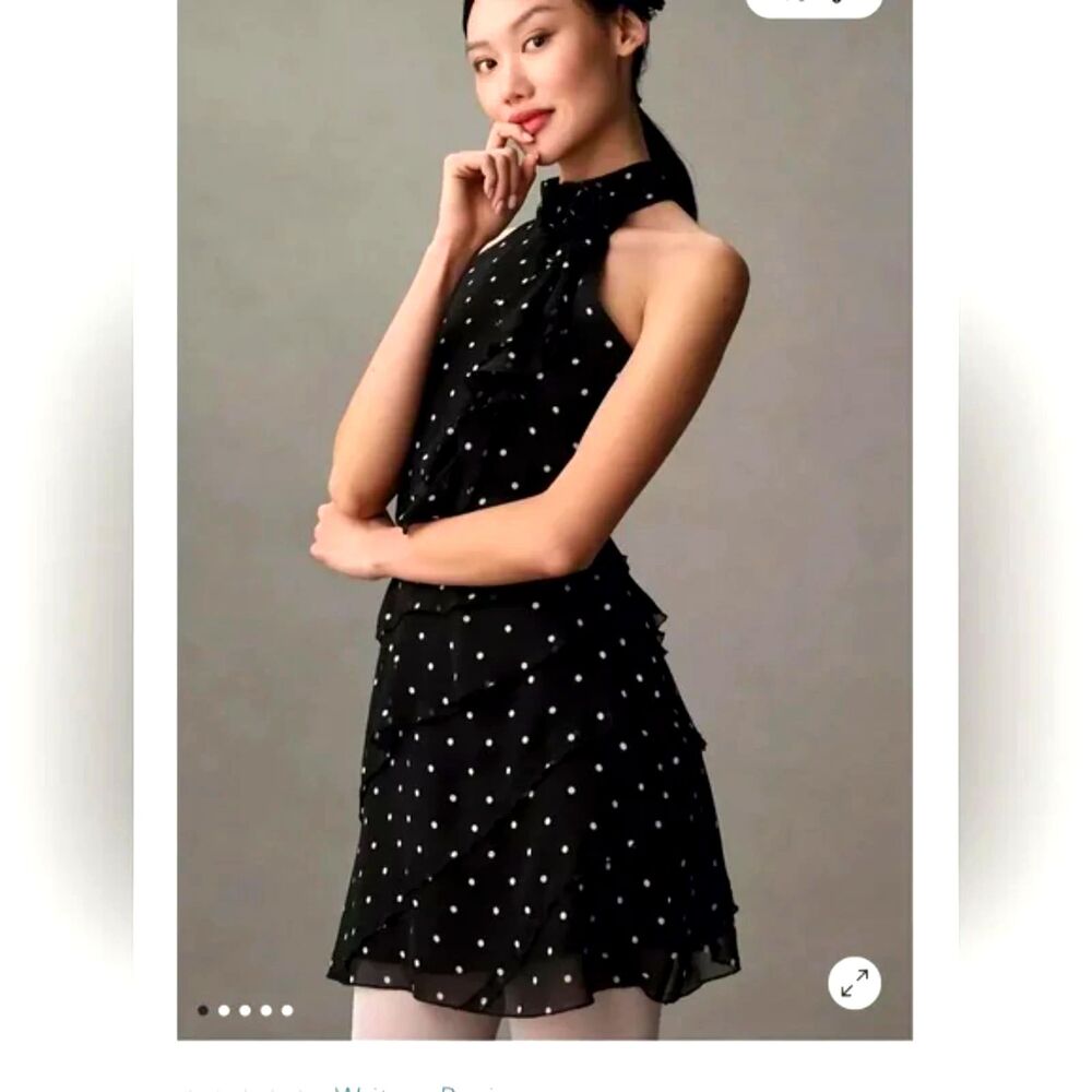 Anthropologie Maeve Rosette Halter Mini Dress XL Black White Polka Dot NWT